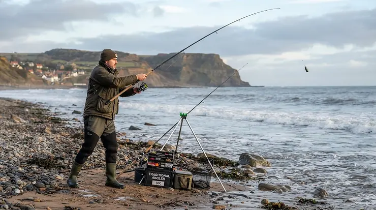 A fixed spool and a multiplier sea fishing reel side by side on a British shingle beach, illustrating the choice for beach casting fixed spool vs multiplier reel for beach casting