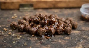 Fishmeal-based pellets coated in liquid hemp and spicy fish oils to create a strong scent trail for barbel.