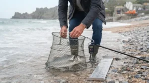 A coastal view highlighting surf channels and gutters where fish feed close to a UK beach.