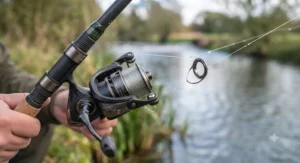 An angler bending a lightweight barbel rod while playing a hard-fighting fish in a current.