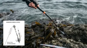 Angler handling heavy kelp and snags while using a durable beachcaster rod for rough ground.