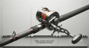 A multiplier reel paired with a beachcaster rod, popular among UK sea anglers for cod fishing