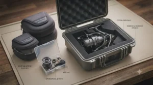 Padded protective cases storing beach fishing reels safely for transport to UK sea angling marks.