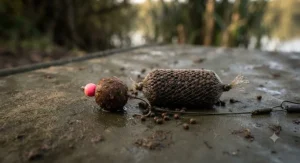 A hair-rigged pellet bait positioned directly next to a compact PVA mesh stick filled with compressed micro-pellets.