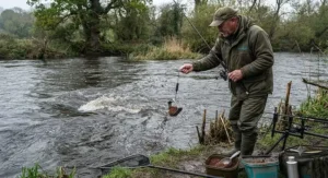 Angler using a traditional metal bait dropper to accurately introduce loose feed pellets into a deep, fast-flowing UK river swim.