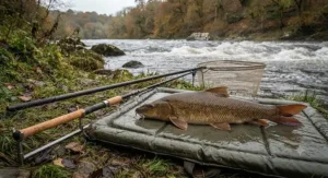 A fine British river barbel resting safely in an unhooking mat beside a dedicated fast-water rod and net handle.
