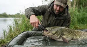 A UK angler safely unhooking a catfish on an unhooking mat using proper fish-care equipment.