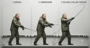 An angler demonstrating an off-the-ground cast using a beachcaster rod for cod fishing