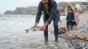 A sturdy aluminium beach tripod holding two 12ft beachcasters securely on a pebble beach.