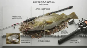 A successful UK sea angler holding a fine shore-caught cod landed using a beachcaster rod