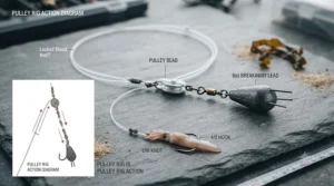 Snag-resistant pulley rig setup used alongside a beachcaster rod for rough ground fishing.