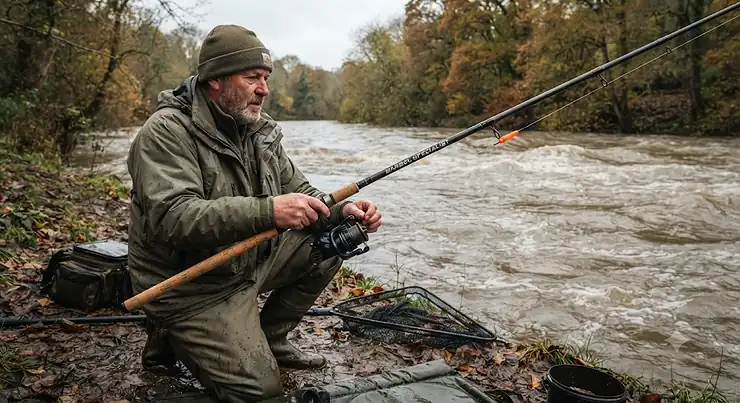 Dedicated specimen angler fishing a swollen river during late autumn with a specialized heavy-duty barbel rod. barbel rod for fast rivers