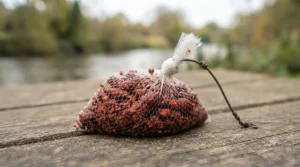 A PVA mesh bag filled with crushed barbel boilies for targeted river feeding strategies.