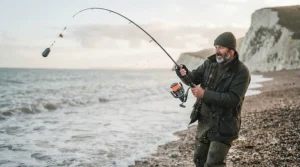 Angler executing a powerful cast using a beach fishing reel on a rugged UK shingle beach.