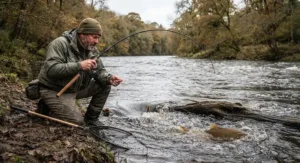 Angler holding a robust barbel rod tightly to steer a fighting fish away from submerged timber on a fast-flowing waterway.