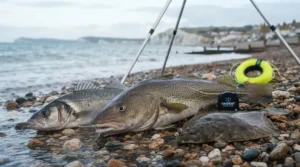 Common UK sea fishing target species including cod and bass caught using a heavy-duty beachcaster.