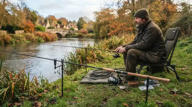 A selection of the top barbel rods under £100 laid out on a grassy bank by a British river, ready for ledgering and specimen fishing.