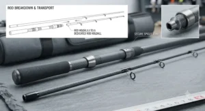 Two-piece beachcaster rod for rough ground packed down for transport to a UK fishing mark.
