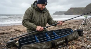 Breakdown of 12ft and 13ft beachcaster rods packed down into protective rod holdalls for transport to the mark.