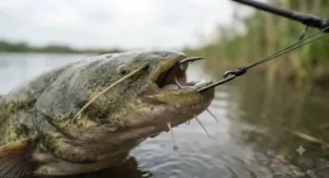 An angler demonstrating how a circle hook securely sets in the corner of a fish's mouth to promote catch and release.