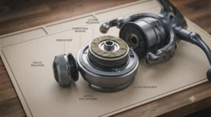 Close-up of a sealed drag system on a heavy-duty beach fishing reel designed to withstand saltwater conditions.