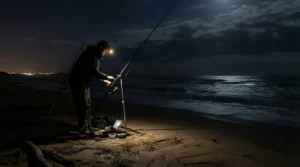 Setting up beach lead weights for strong tide during a nocturnal sea fishing expedition