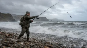 An angler using beach lead weights for strong tide conditions during a stormy surf session