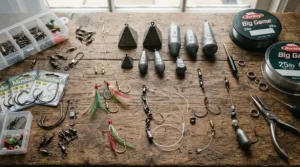 Organising a terminal tackle set alongside beach lead weights for strong tide environments