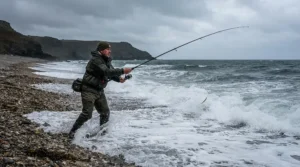 An angler using a fixed spool reel for long distance casting from a shingle beach into rolling surf