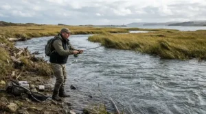 Fishing an estuary mouth with a fixed spool reel for long distance casting in windy conditions