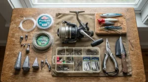 Tackle layout including a fixed spool reel for long distance casting alongside sea fishing rigs