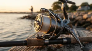 Checking the line lay on a fixed spool reel for long distance casting during evening preparation