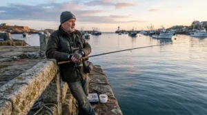 An angler employing a fixed spool reel for long distance casting off a Victorian concrete pier