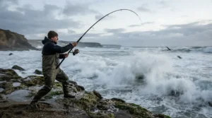 Illustration showing impact shields for beach casting during a powerful surf rod launch along the coast