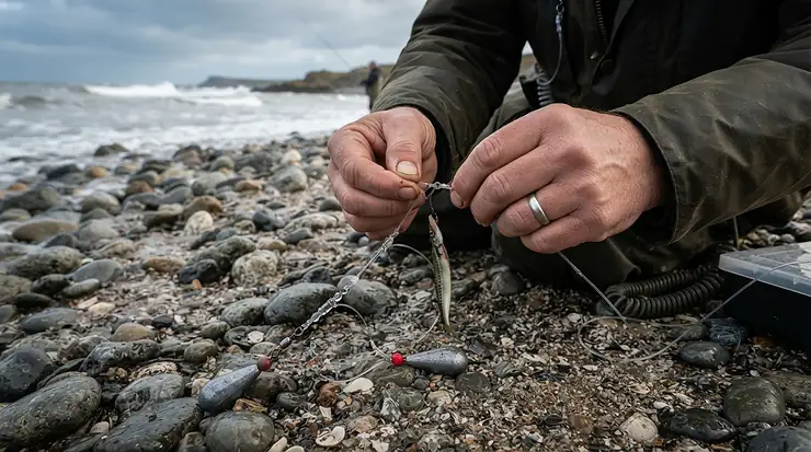 Close-up of impact shields for beach casting rigged on a sea fishing trace resting on a shingle beach