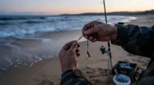 An angler preparing impact shields for beach casting to ensure rig damage prevention at dusk