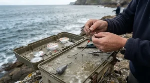 Angler threading sea fishing terminal tackle through impact shields for beach casting on the shore