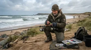 Angler setting up impact shields for beach casting during a cold winter sea fishing session