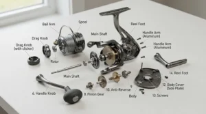 A detailed anatomy guide showing a multiplier reel for beginners with key parts labelled for UK anglers