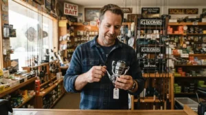 An angler examining a best budget multiplier reel for beginners in a local tackle shop
