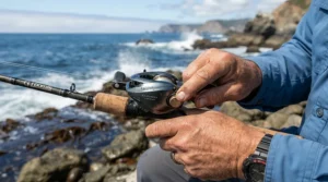 Demonstrating how to set the magnetic brake on a multiplier reel for beginners on a breezy pier