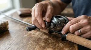 Setting the spool tension knob correctly on a multiplier reel for beginners before heading to the river