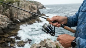 Using proper thumb control on the spool of a multiplier reel for beginners during a smooth coastal cast