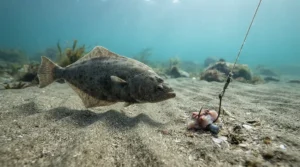 Underwater illustration of flatfish feeding behaviour near a baited pennel rig