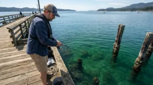Angler dropping a pennel rig for flatfish off a wooden seaside pier