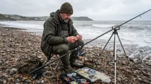 An angler assembling a pennel rig for flatfish on a British shingle beach at low tide