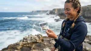 Holding a convenient packet of pre-tied beach fishing rigs next to a beach casting rod.