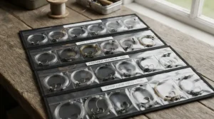 A close-up view of pre-tied beach fishing rigs neatly arranged inside clear protective wallets.