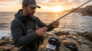 Quickly attaching pre-tied beach fishing rigs to a rod setup during twilight at the coast.