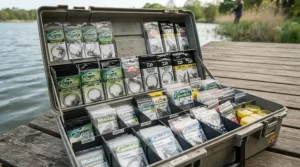 Organised storage of pre-tied beach fishing rigs inside a waterproof tackle box compartment.